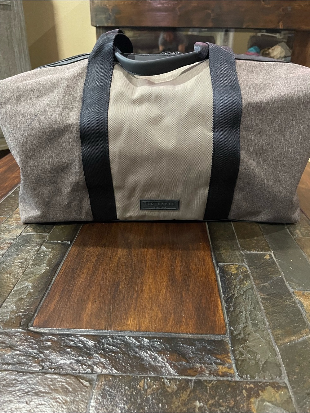 Ted Baker Two-Tone Canvas Duffel in Brown and Cream with Black Straps